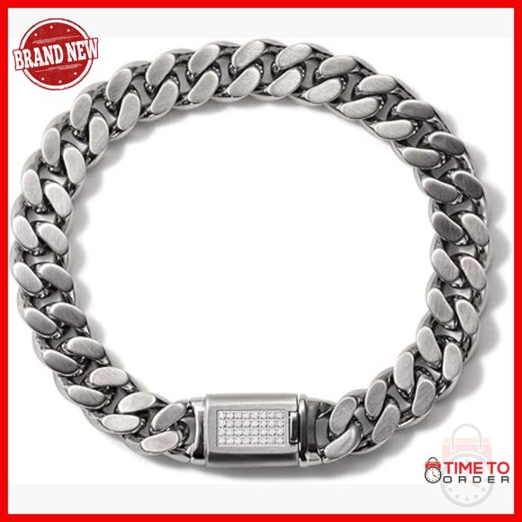 Stainless Steel Chain Bracelet with Diamond Accent Large 8 Inch